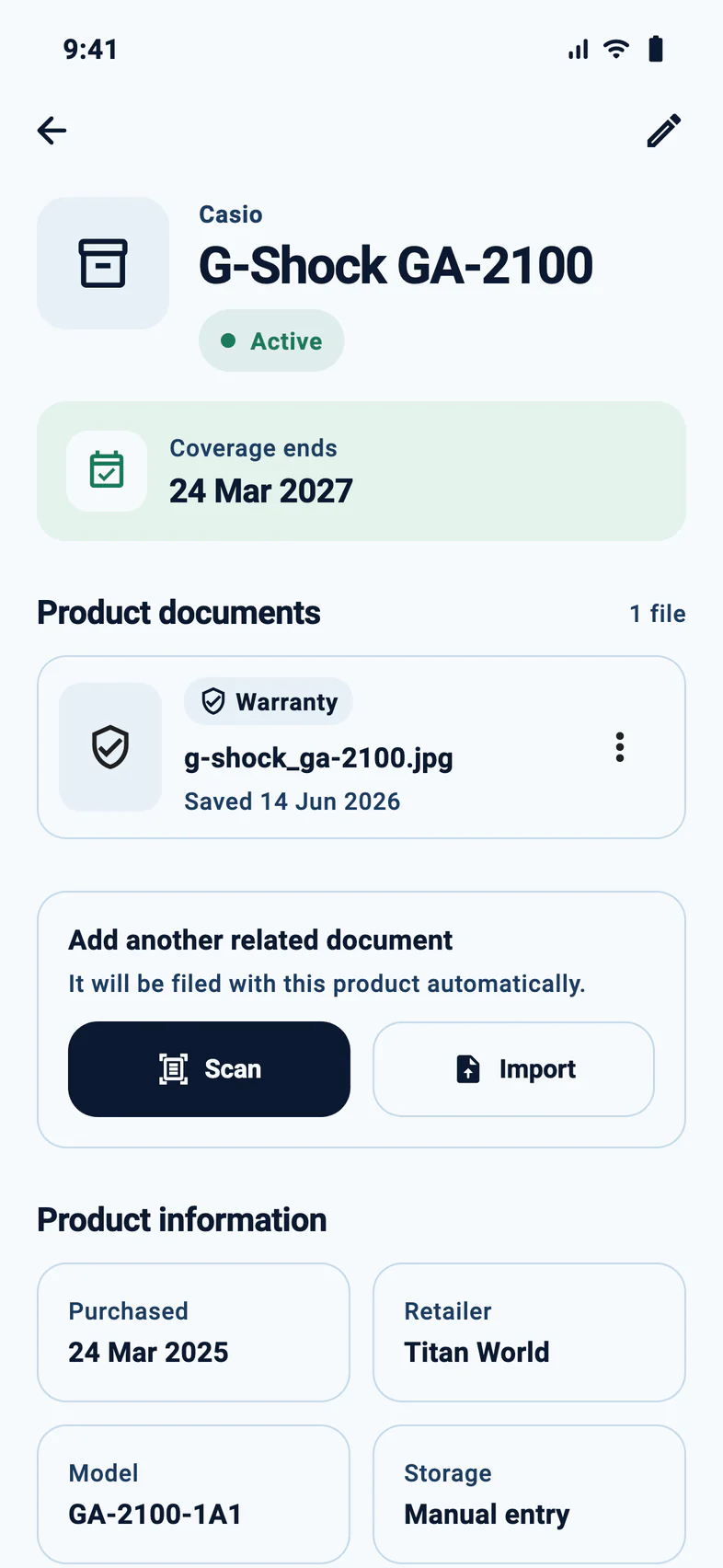 Warrantly product page for a Casio G-Shock: coverage ends 24 March 2027, with the warranty card attached